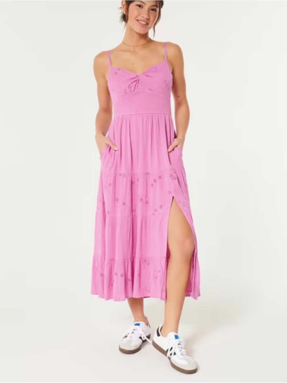 Hollister-Pink lined EYELET TWIST-BUST TIE-BACK MIDI DRESS-M